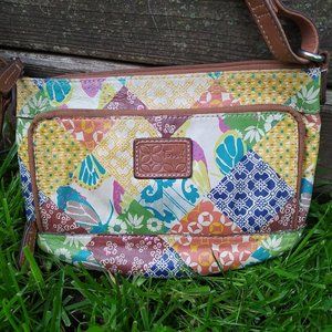 FOSSIL Boho Floral Patchwork Cross Body Shoulder Purse Handbag Leather Colorful